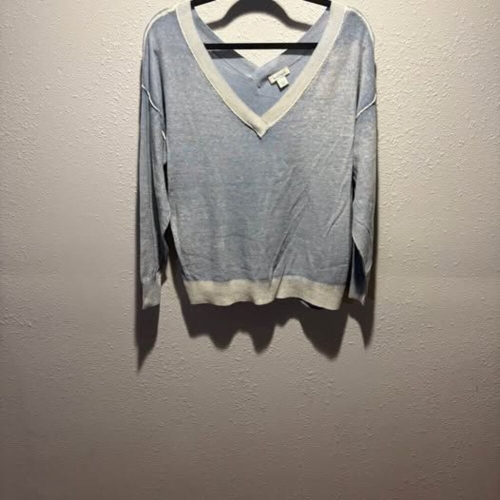 Sundance "Johanna" Sky Blue Tipped V-Neck Cotton Knit Sweater - Size S